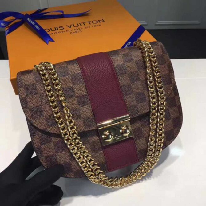 Louis Vuitton Replica Damier Ebene Canvas With Stripe Taurillon Leather Wight Bag N64418 Burgundy 2017