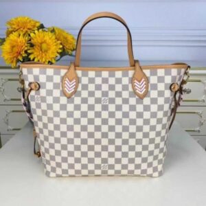 Louis Vuitton Replica LV Replica Neverfull MM N50047 Damier Azur with Pink Braided Strap