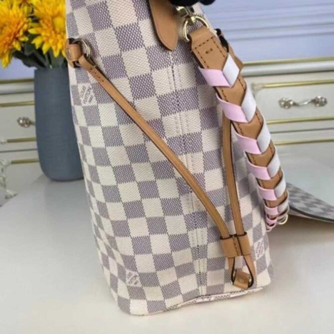 Louis Vuitton Replica LV Replica Neverfull MM N50047 Damier Azur with Pink Braided Strap