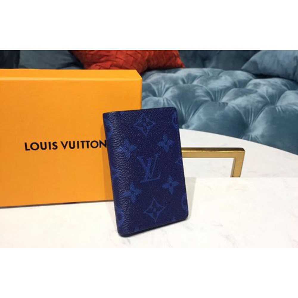 Louis Vuitton Pocket Organizer Blue Taiga leather Monogram canvas