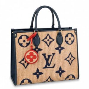 Louis Vuitton Replica OnTheGo MM Bag In Raffia With Blue Leather M57723