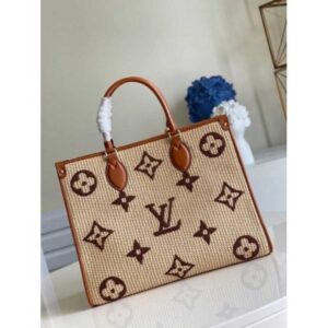 Louis Vuitton Replica OnTheGo MM Bag In Raffia With Brown Leather M57707