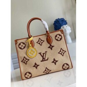 Louis Vuitton Replica OnTheGo MM Bag In Raffia With Brown Leather M57707